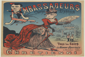 Ein Konzertplakat mit einer Frau in einem roten Kleid und einem Mann in einem schwarzen Anzug vor einem Gebäude, mit Text, der das Ereignis in Paris, Frankreich, beschreibt.