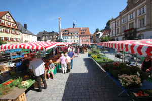 Ein lebendiger Markt im alten Stadtkern von Heidelberg mit Menschen, die gehen, sitzen und stehen, umgeben von Zelten mit Körben voller Gemüse, vor einer Kulisse aus Gebäuden, Bäumen und einem klaren blauen Himmel.