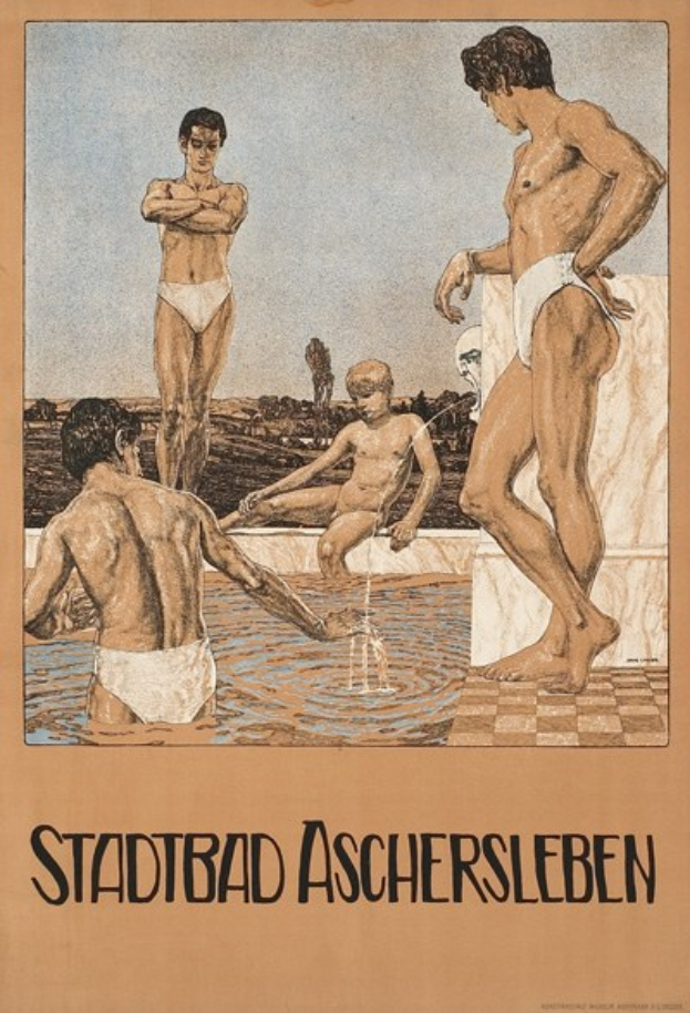 Plakat, das ein Schwimmbad in Aschersleben, Deutschland, zeigt, mit Menschen im Wasser und einer Person, die sitzt, sowie Text mit Informationen über das Schwimmbad.