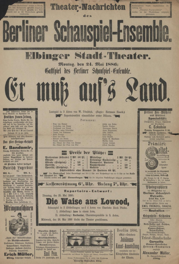 Eine alte Zeitungsanzeige aus dem Jahr 1866 für das Berliner Schauspiel-Ensemble, das einen Mann in Anzug und Krawatte zeigt.