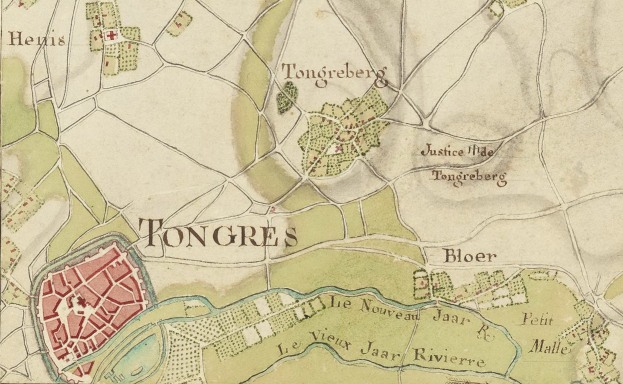 Detailierte alte Karte der Stadt Tongres mit Straßen, Gebäuden und Sehenswürdigkeiten mit Textanmerkungen.
