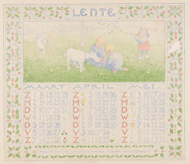 Ein Kalenderbild mit Kindern, die mit einer Ziege auf einer Wiese spielen, mit sichtbarem Text und Datum.