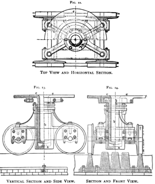 Eine detaillierte Zeichnung einer Dampfmaschine in der Draufsicht und im Horizontalschnitt, begleitet von erklärendem Text.