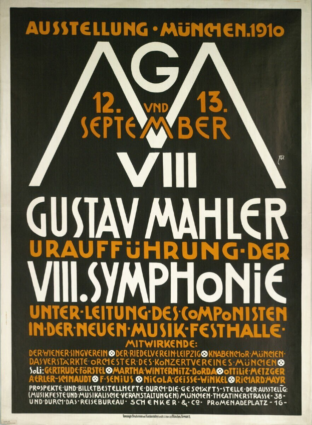Plakat für Gustav Mahlers sinfonisches Konzert in München, Deutschland, das in der Mitte des Bildes mit Text angezeigt wird.