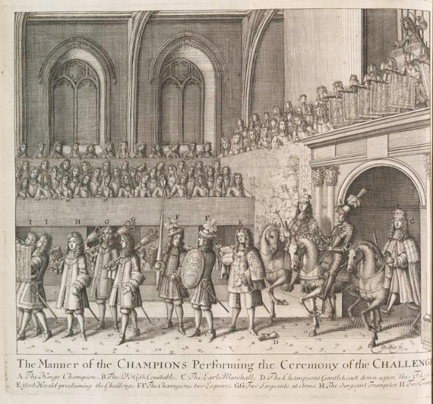 Eine Zeichnung einer Gruppe von Menschen, einige zu Pferd, vor einer Menge und einem Gebäude, mit dem Text "Die Art und Weise, wie die Champions die Herausforderungszeremonie durchführen" unten.