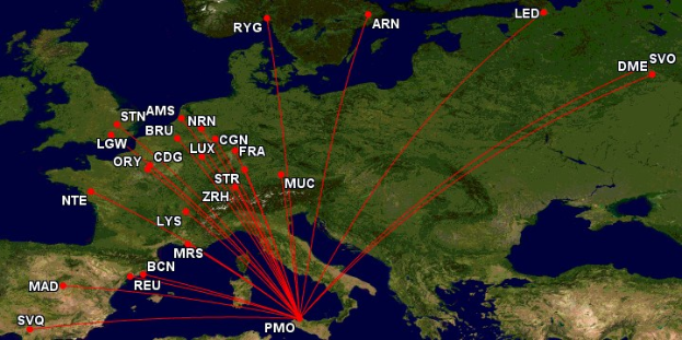 Europa-Karte mit roter Linie, die eine kreisförmige Flugroute von London nach London nachzeichnet, begleitet von beschreibendem Text.