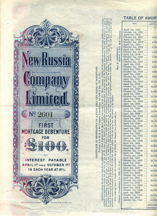Altes Buch mit einem Aktienzertifikat der New Russia Company Limited auf dem Cover, das gedruckten Text und numerische Werte enthält.