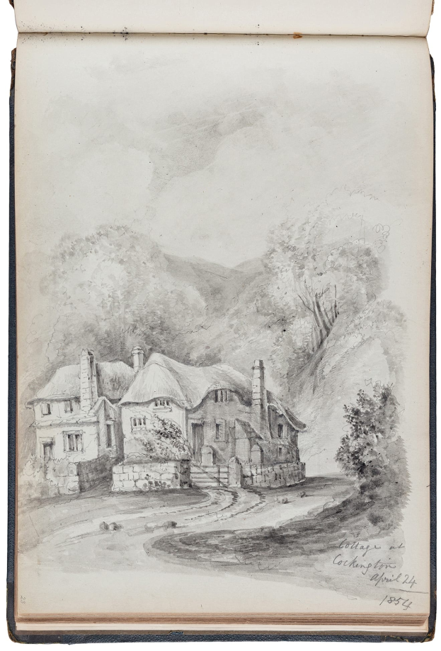 Offenes Buch mit einer Illustration eines Cottage in einer ländlichen Landschaft mit Bäumen und Hügeln.