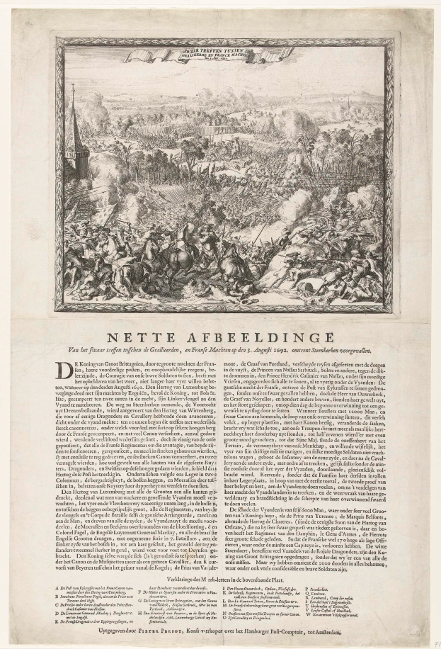 Eine alte Buchseite mit Text und einer Illustration von Soldaten bei der Schlacht von Afbeeldinge.