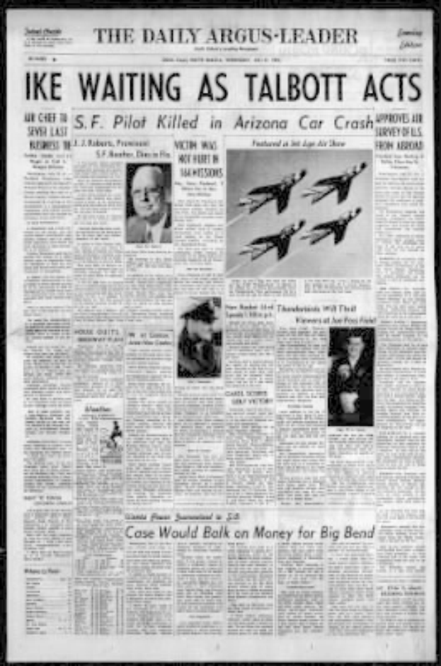 Die Titelseite der Daily Argus-Leader Zeitung aus Arizona, mit schwarzem Hintergrund, der Überschrift 'Ike Waiting as Talbott Acts' und mehreren Bildern von Menschen und Flugzeugen.