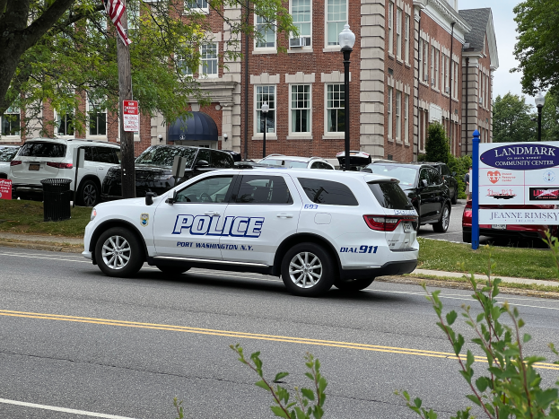 Ein Polizeiwagen steht am Rande einer Straße vor einem Gebäude mit Fenstern, Laternenmästen, Schildern, einer Flagge, Bäumen und einem Müllkönner im Vordergrund, unter einem bewölkten Himmel.