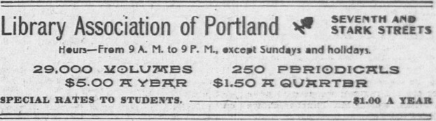 Eine Schwarz-Weiß-Anzeige für den Library Association of Portland mit Text.