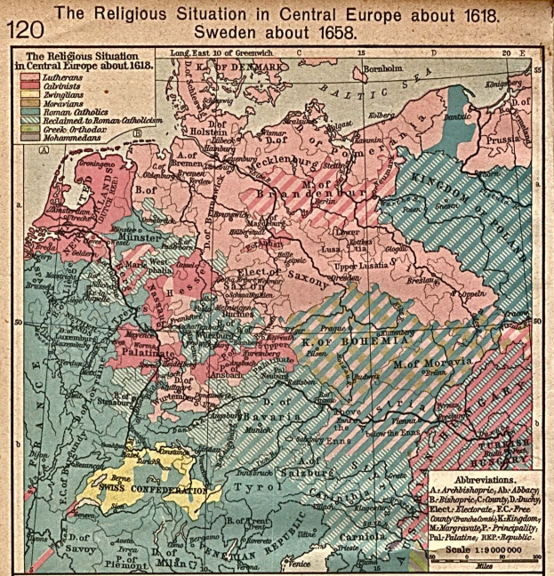 Ein Plakat mit einer Karte von Mitteleuropa aus dem Jahr 1618, das die religiöse Landschaft hervorhebt, begleitet von erklärendem Text.