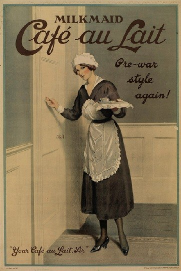 Werbeposter für ein Milchmädchen-Café au Lait mit einer Frau, die ein Tablett mit einer Tasse und Untertasse hält, und Textbeschreibung der Angebote.