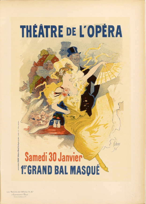 Plakat für das Théâtre de l'Opéra in Paris mit einem Gemälde einer Frau in einem weißen Kleid mit einem blauen Schal, ihre Haare zu einem Dutt gebunden, vor einem tiefblauen Hintergrund mit Sternen und schwarzer Schrift, die 'Theater der Oper' lautet.