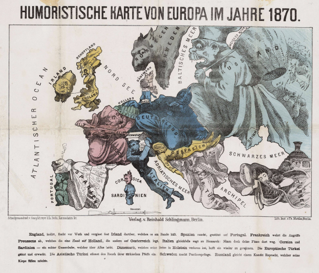 Ein Plakat mit dem Titel "Humoristische Karte von Europa im Jahre 1870" mit einer Karte von Europa umgeben von Cartoon-Bildern.