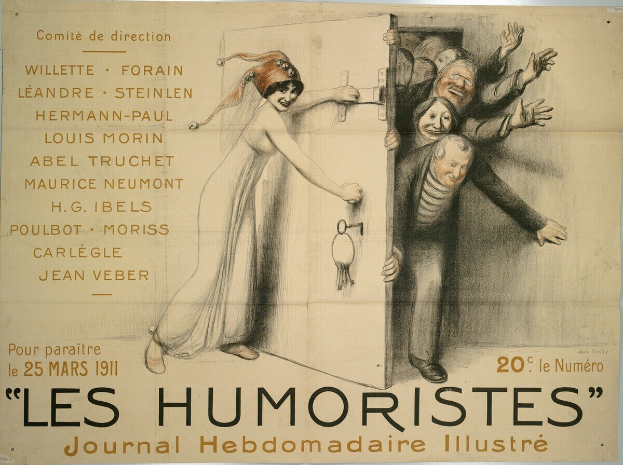 Plakat an einer Gebäudewand mit der Aufschrift "Les Humoristes Journal Hebdomadaire Illustré", das eine Gruppe von lachenden, fröhlichen Menschen in leuchtenden Farben zeigt.