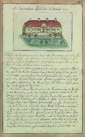 Ein vergilbtes historisches Dokument aus dem Jahr 1797 mit einer detaillierten Zeichnung eines weißen Hauses mit rotem Dach, unterzeichnet von der Schleswig-Holstein-Schule Delmar in Deutschland, mit handgeschriebenem Text, der wahrscheinlich die Geschichte der Schule beschreibt.