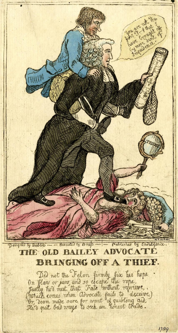 Alte Illustration einer Gerichtsszene mit einem Richter, zwei stehenden Figuren und einer Person am Boden, mit Text auf dem Boden.