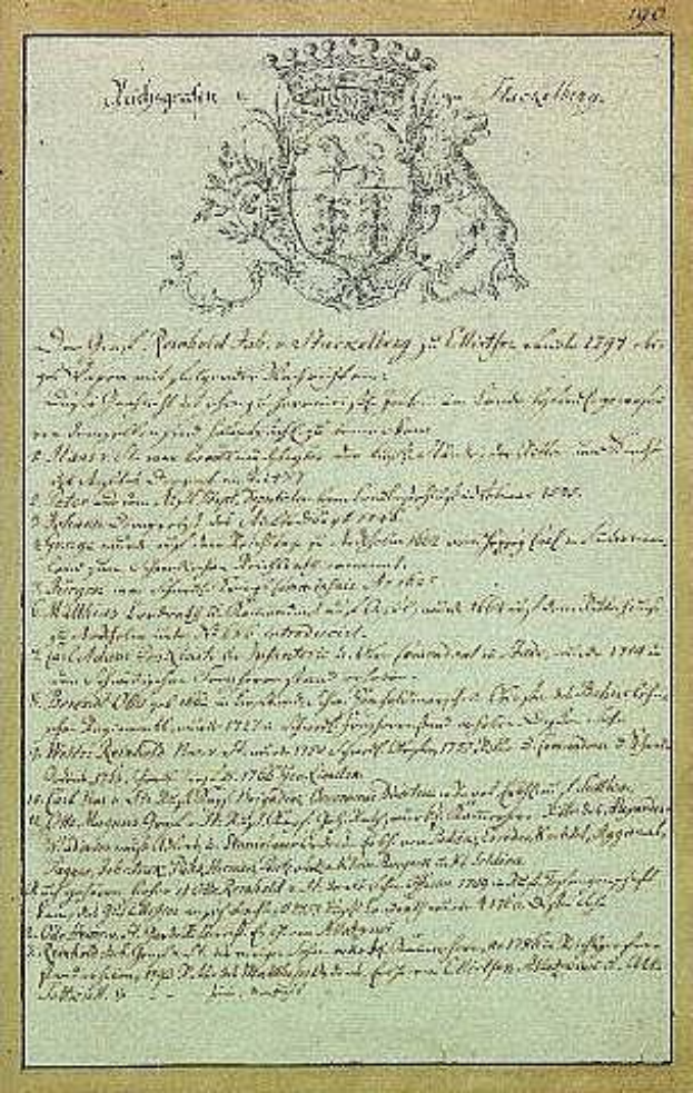 Altes Dokument mit goldenem Rahmen und Wappen, betitelt mit "Johann Wolfgang von Goethes Wiener Vertrag, 1777".