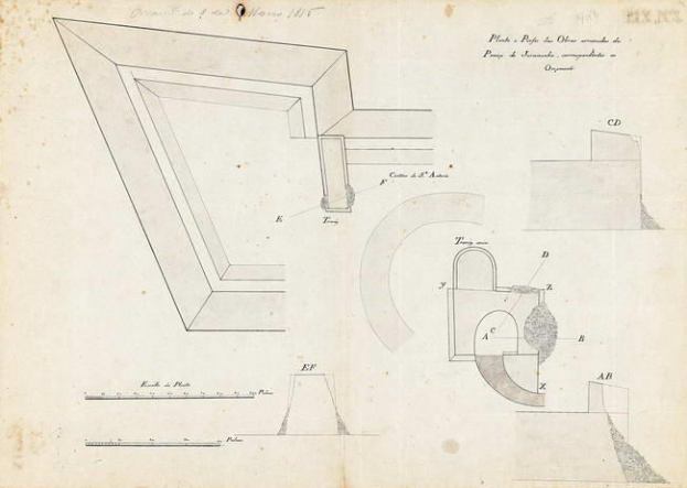 Schwarz-weißer Architekturplan einer Ecke und eines Lochs in einer Seite aus einem 1845 veröffentlichten Buch über die Opernhausgestaltung.