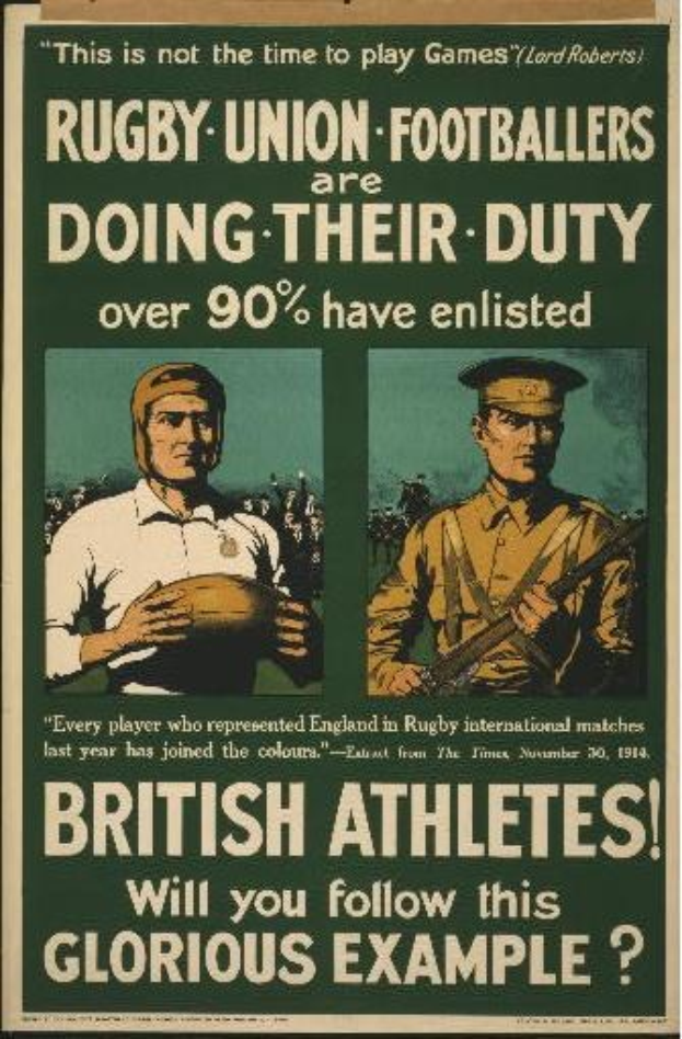 Britisches WWI-Recruiting-Plakat mit zwei Rugbyspielern in Militäruniformen, mit Text zur Förderung der Meldung von Athleten.