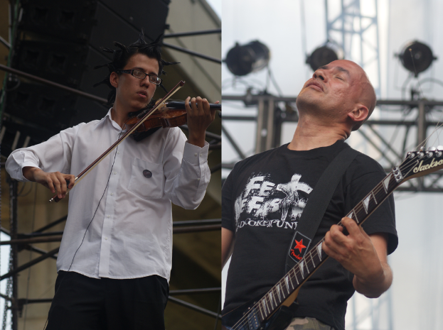 Zwei Personen, die Musikinstrumente spielen.