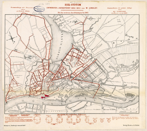 Ein altes Stadtplan von Hamburg, Deutschland, mit roten Linien, die die Route des Siel-Systems markieren, auf einem Papier mit handgeschriebener Text.