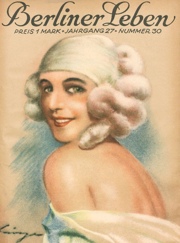 Eine Frau mit warmem Lächeln, die einen Turban trägt, auf dem Cover eines Magazins mit der Aufschrift "Berliner Leben".