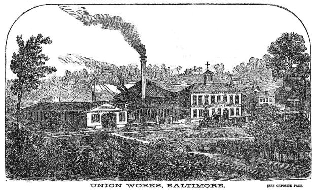 Schwarz-weiß-Zeichnung der Union Works in Baltimore, Maryland, mit Gebäuden, Bäumen und Rauch im Hintergrund sowie Text am unteren Rand.