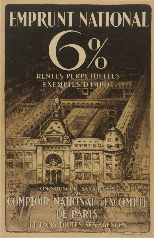 Ein Plakat mit einem Bild eines zweistöckigen Gebäudes mit rotem Dach und weißen Wänden sowie einem Text in fetter schwarzer Schrift, der "emprunt national 6% - rentes perpetuelles exemptes impot" auf einem hellblauen Hintergrund lautet.