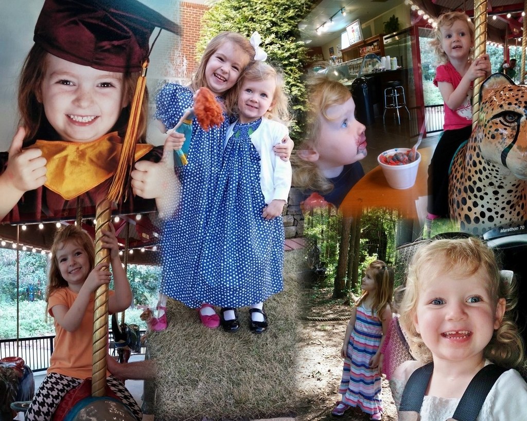 Collage mit lustigen Fahrgeschäften, Kindern, einem Tisch mit Lebensmitteln und einem Löffel, Lichtern, einer Wand, Büschen, Bäumen, Gras, einem Seil und einer Mütze.