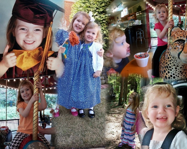 Collage mit lustigen Fahrgeschäften, Kindern, einem Tisch mit Lebensmitteln und einem Löffel, Lichtern, einer Wand, Büschen, Bäumen, Gras, einem Seil und einer Mütze.