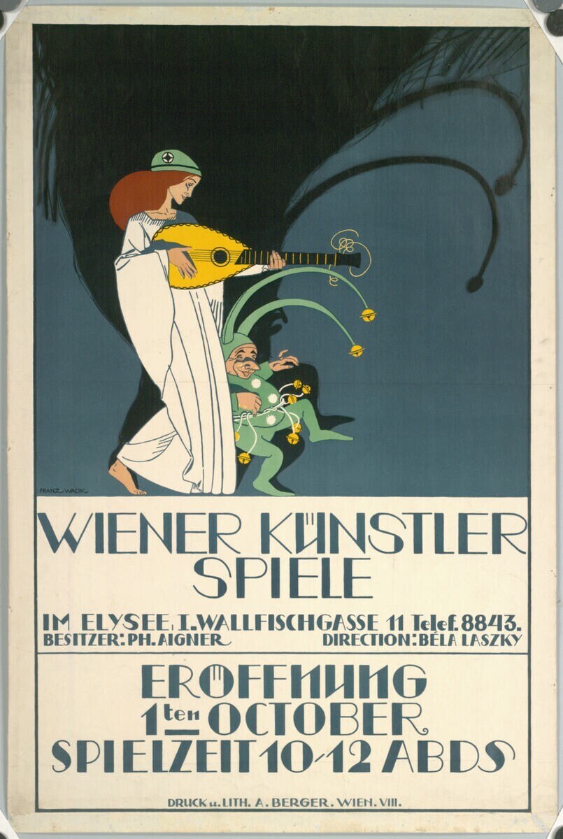 Plakat für ein Konzert in Wien mit einer Frau, die ein Musikinstrument spielt und Text.