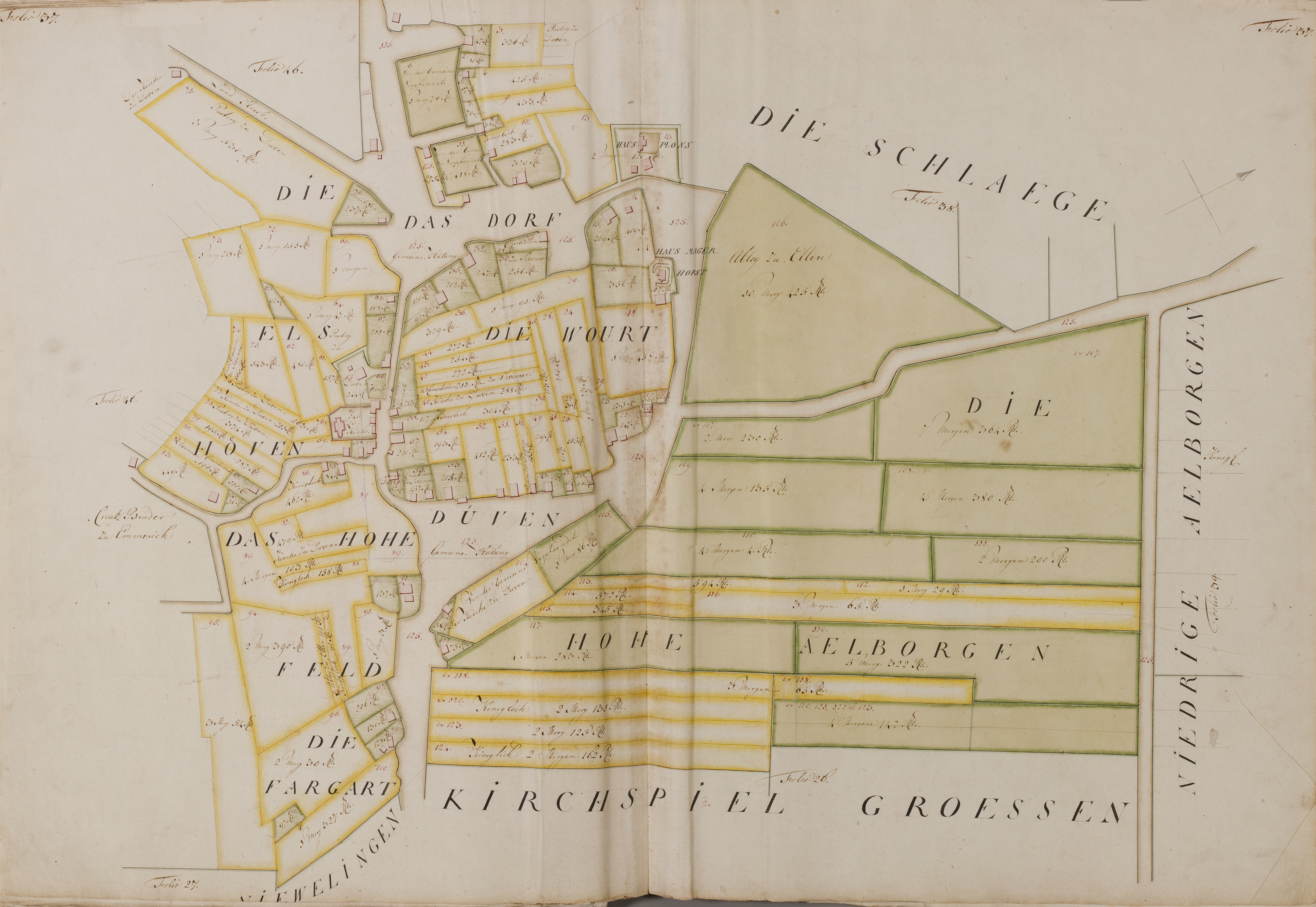 Ein altes Buch mit einer detaillierten Karte von Hamburg, Deutschland, mit Straßen, Gebäuden und Sehenswürdigkeiten, begleitet von Texten, die Informationen über die Bevölkerung, Straßen und Sehenswürdigkeiten der Stadt liefern.