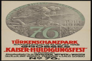 Ein gerahmtes Plakat zum 70. Jahrestag des Kaiser-Huldigungsfestes in Berlin, Deutschland, mit einer Gruppe von Menschen in der Mitte und umgeben von Text und Zahlen.