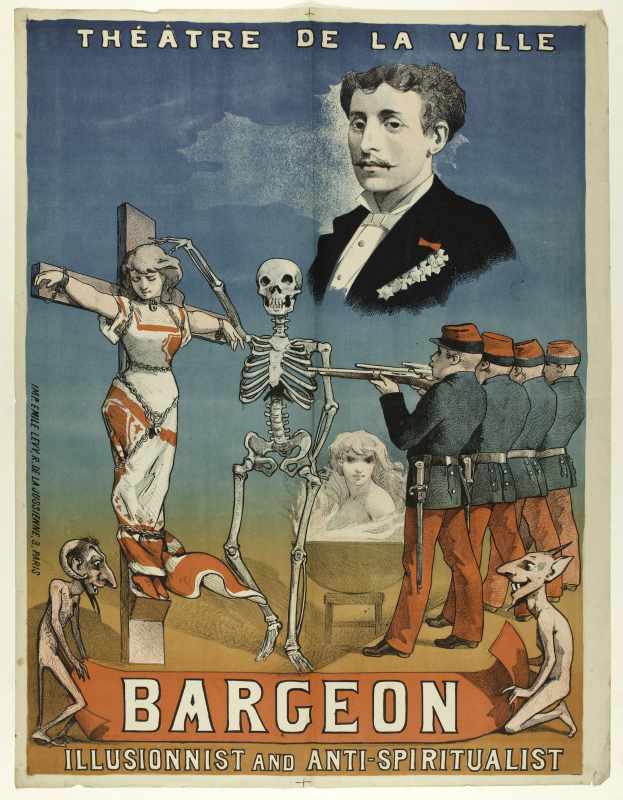 Plakat für das Théâtre de la Ville in Paris mit einem Skelett mit ausgestreckten Armen, umgeben von aufgeregten Menschen, mit fetter Schrift: "Bargeon Illusionist und Anti-Spiritualist."