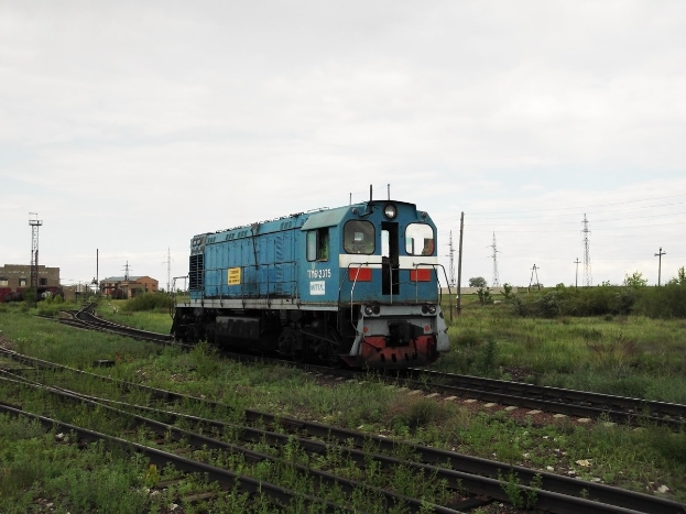 Blauer Diesel-Elektrolokomotive auf Schienen durch eine grüne Wiese mit Strommasten, Gebäuden und einem klaren Himmel im Hintergrund.
