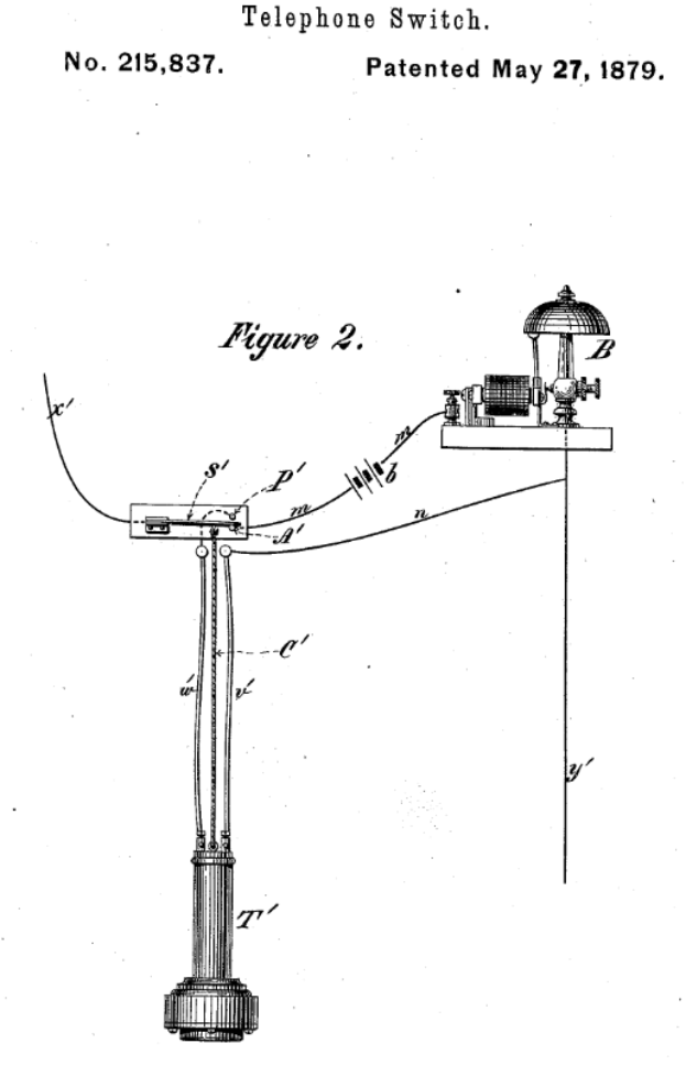 Eine Patentzeichnung eines Telefon-Schalters mit einem Pfahl und daran befestigten Drähten, beschriftet mit 'Patent 215,837 - Telefon-Schalter'.