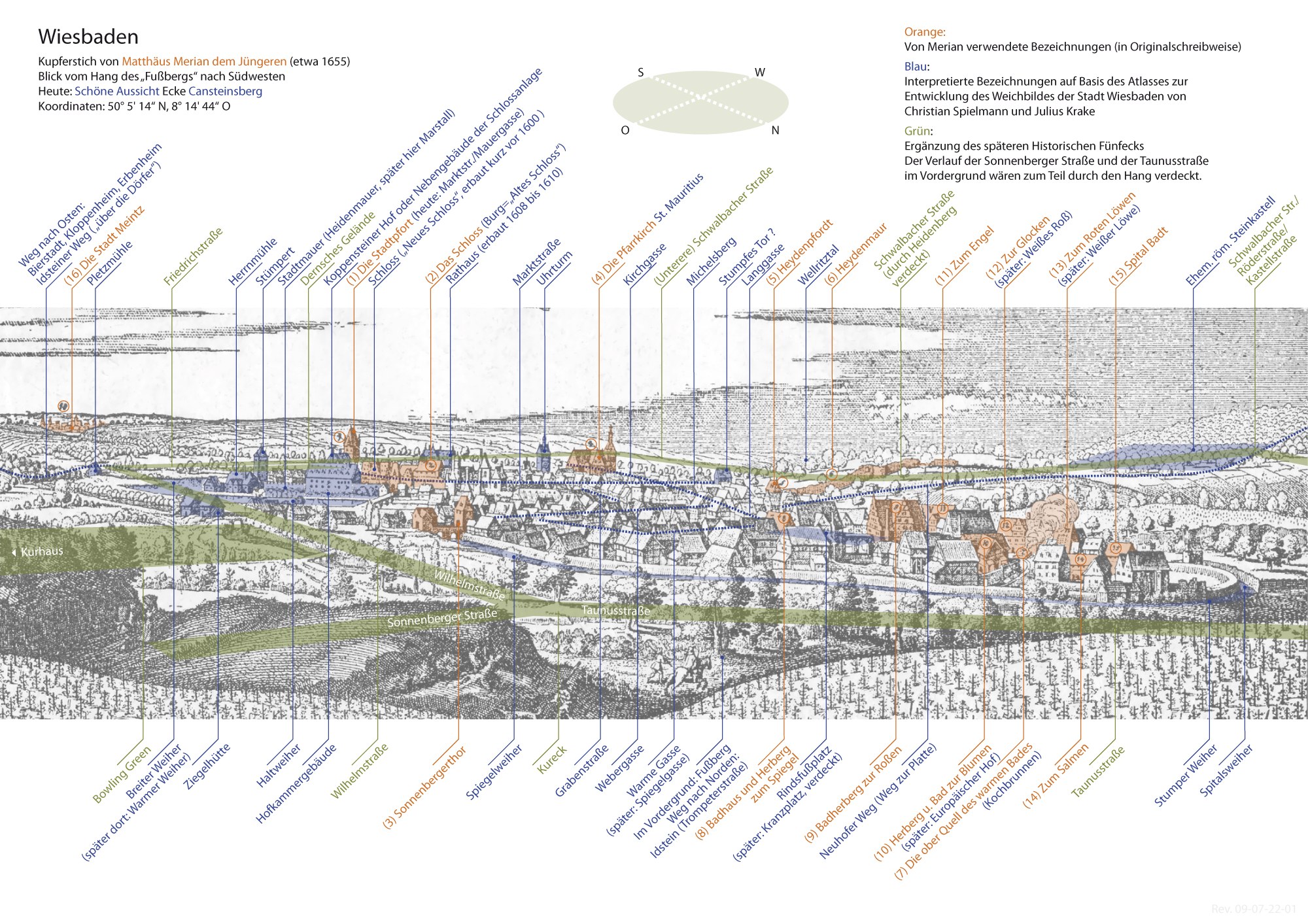 Ein detaillierter Stadtplan von Wiesbaden, Deutschland, mit historischem Text-Overlay in Blau-, Grün- und Gelbtönen für umliegende Städte und Ortschaften.