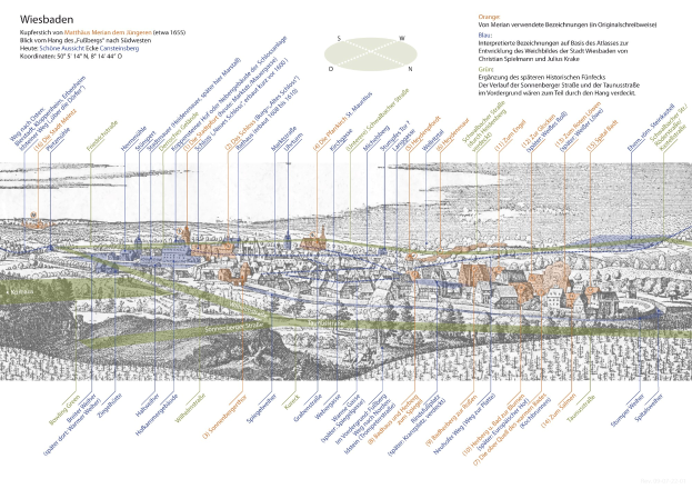 Ein detaillierter Stadtplan von Wiesbaden, Deutschland, mit historischem Text-Overlay in Blau-, Grün- und Gelbtönen für umliegende Städte und Ortschaften.