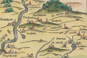 Ein altes Stadtplan von Köln, Deutschland, mit üppigen grünen Bäumen, kleinen gemütlichen Häusern und dekorativer Schrift.