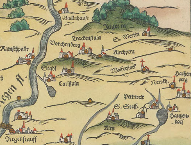 Ein altes Stadtplan von Köln, Deutschland, mit üppigen grünen Bäumen, kleinen gemütlichen Häusern und dekorativer Schrift.