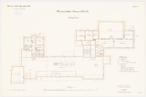 Ein detaillierter Grundrissplan der Frauenkirche der Universität Frankfurt mit textuellen Anmerkungen zur Gebäudeanlage.