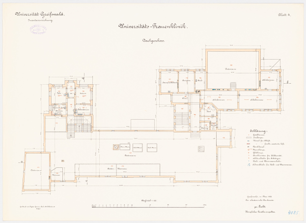 Ein detaillierter Grundrissplan der Frauenkirche der Universität Frankfurt mit textuellen Anmerkungen zur Gebäudeanlage.