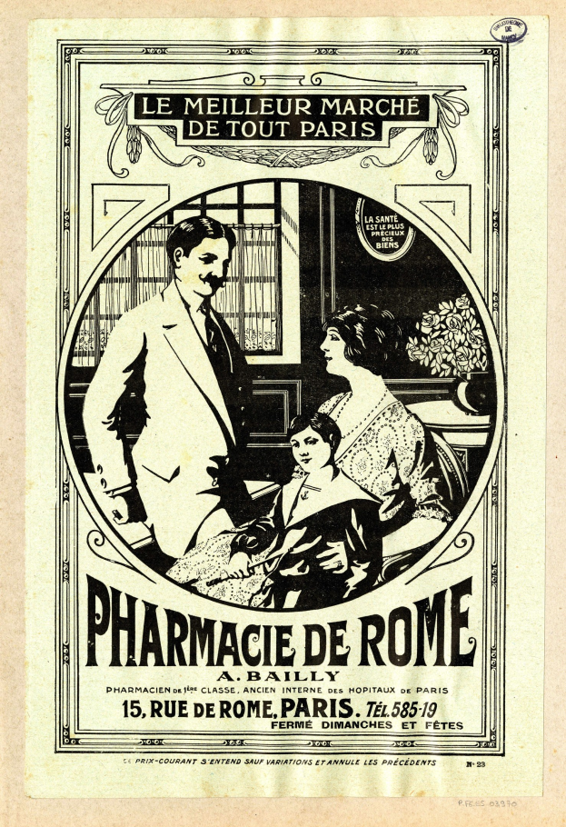 Schwarz-weiß-Anzeige für eine Apotheke in Rom mit einem Mann und einer Frau nebeneinanderstehend und Text, der ihre Dienstleistungen beschreibt.