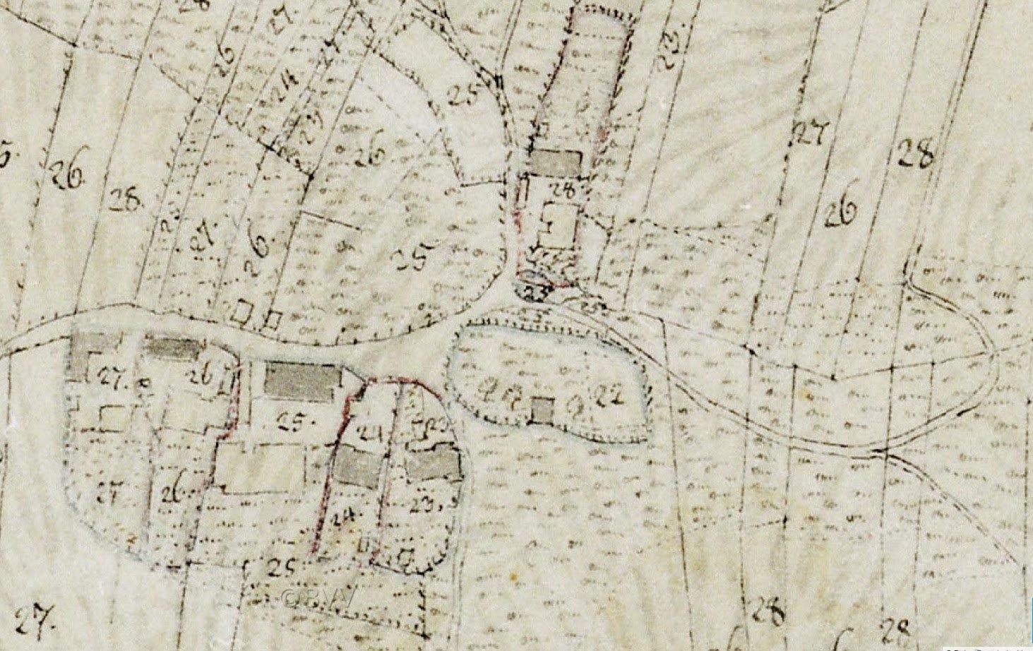 Ausführliche alte Stadtkarte mit nummerierten Geb├Ąuden, Stra├čen und Text, die eine vorgeschlagene Entwicklungsstelle unten zeigt.