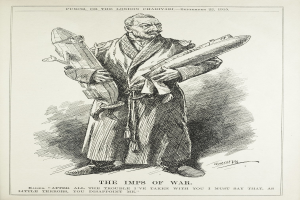 Ein altes Buch mit einer Zeichnung eines Mannes, der eine Rakete hält, mit der Aufschrift "Die Kriegsgeister" auf der Seite.