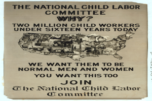 Ein Plakat mit einer Karte der Vereinigten Staaten und dem Text "The National Child Labor Committee: Why? Two Million Child Workers Under Sixteen Years Today", mit mehreren illustrierten Personen, die jeweils ein menschliches Gesicht haben und Teil des Komitees zu sein scheinen.