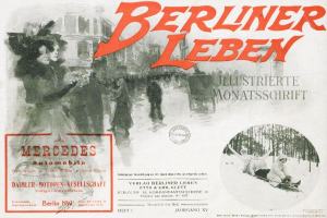 Eine Werbung für ein Mercedes-Benz-Fahrzeug in Berlin, Deutschland, mit einer Gruppe von Menschen, Bäumen, Gebäuden, Text und einem Stempel.